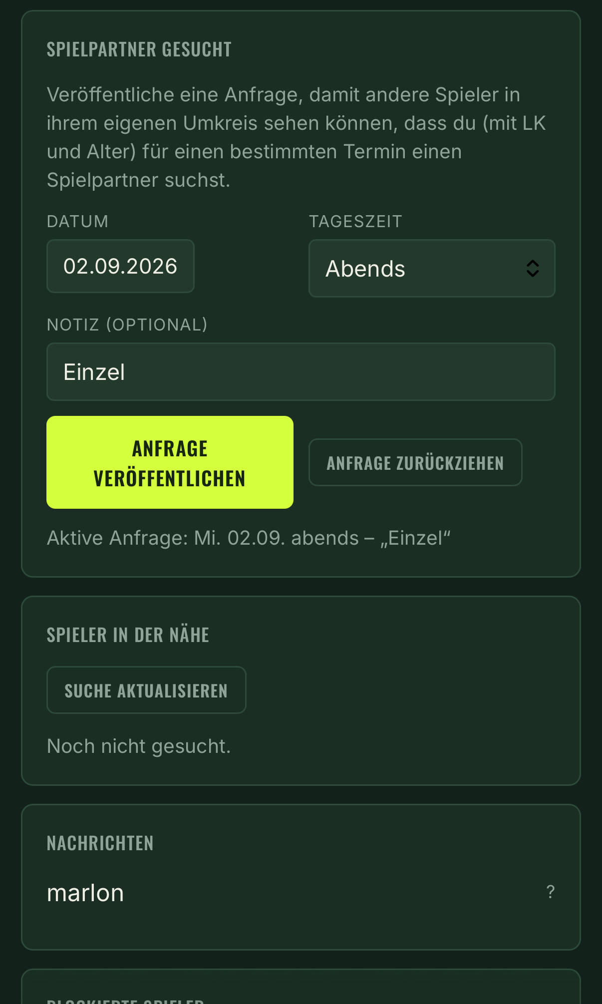 Spielpartner-Anfrage im Tennis Tracker mit Datum, Tageszeit und Notiz