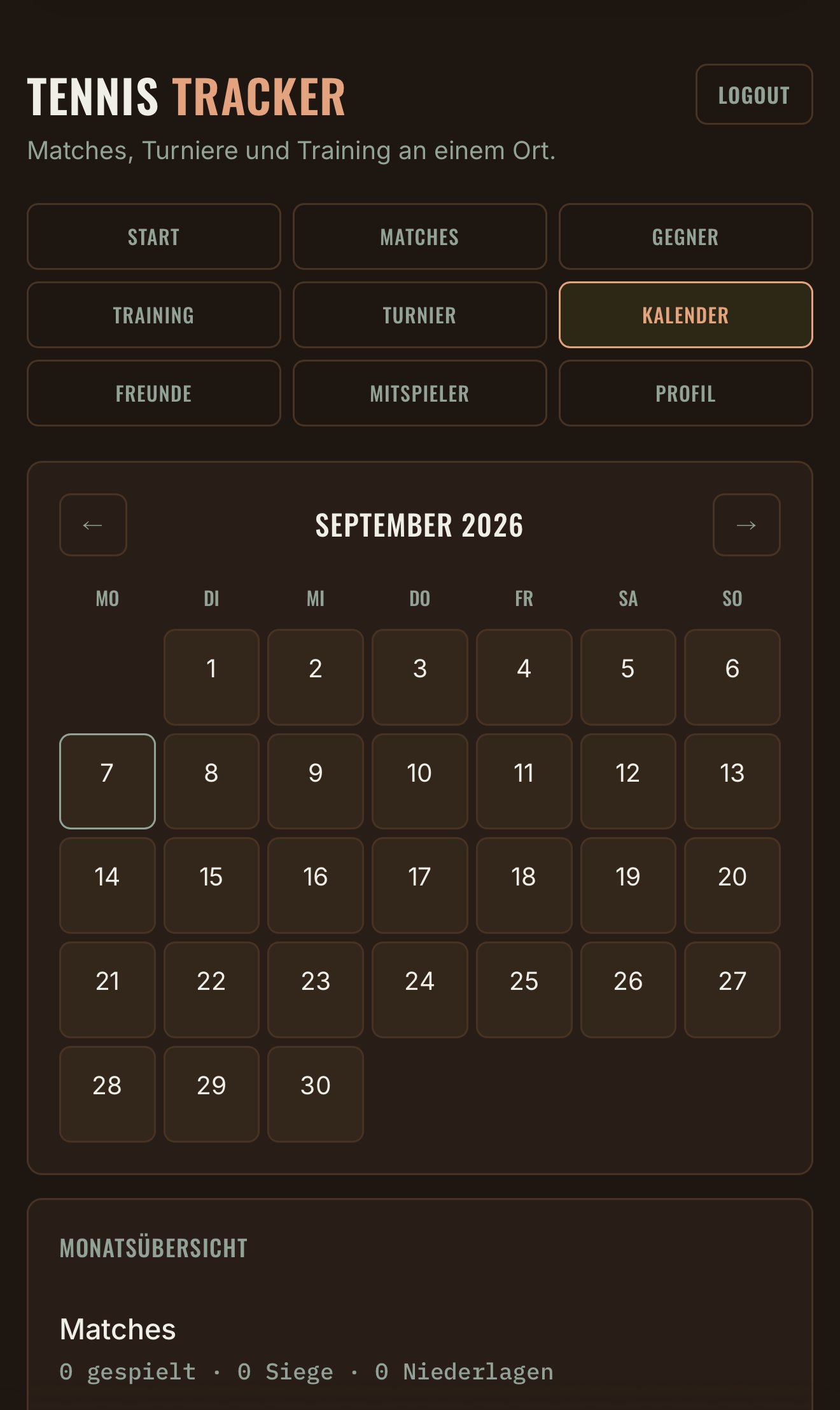 Kalender-Ansicht des Tennis Trackers mit Match- und Trainingsübersicht