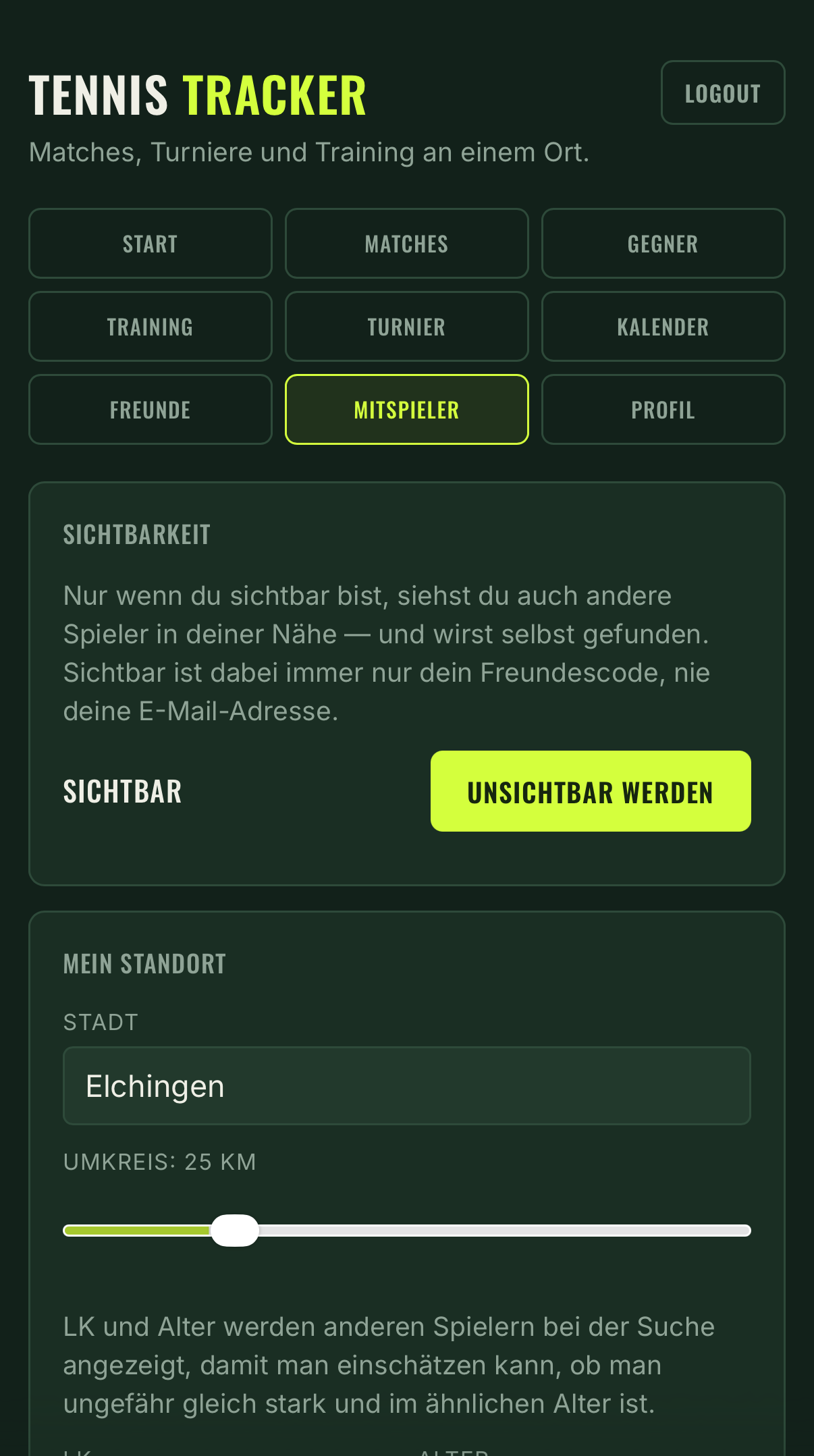 Mitspieler-Ansicht im Tennis Tracker mit Sichtbarkeit, Standort und Umkreis
